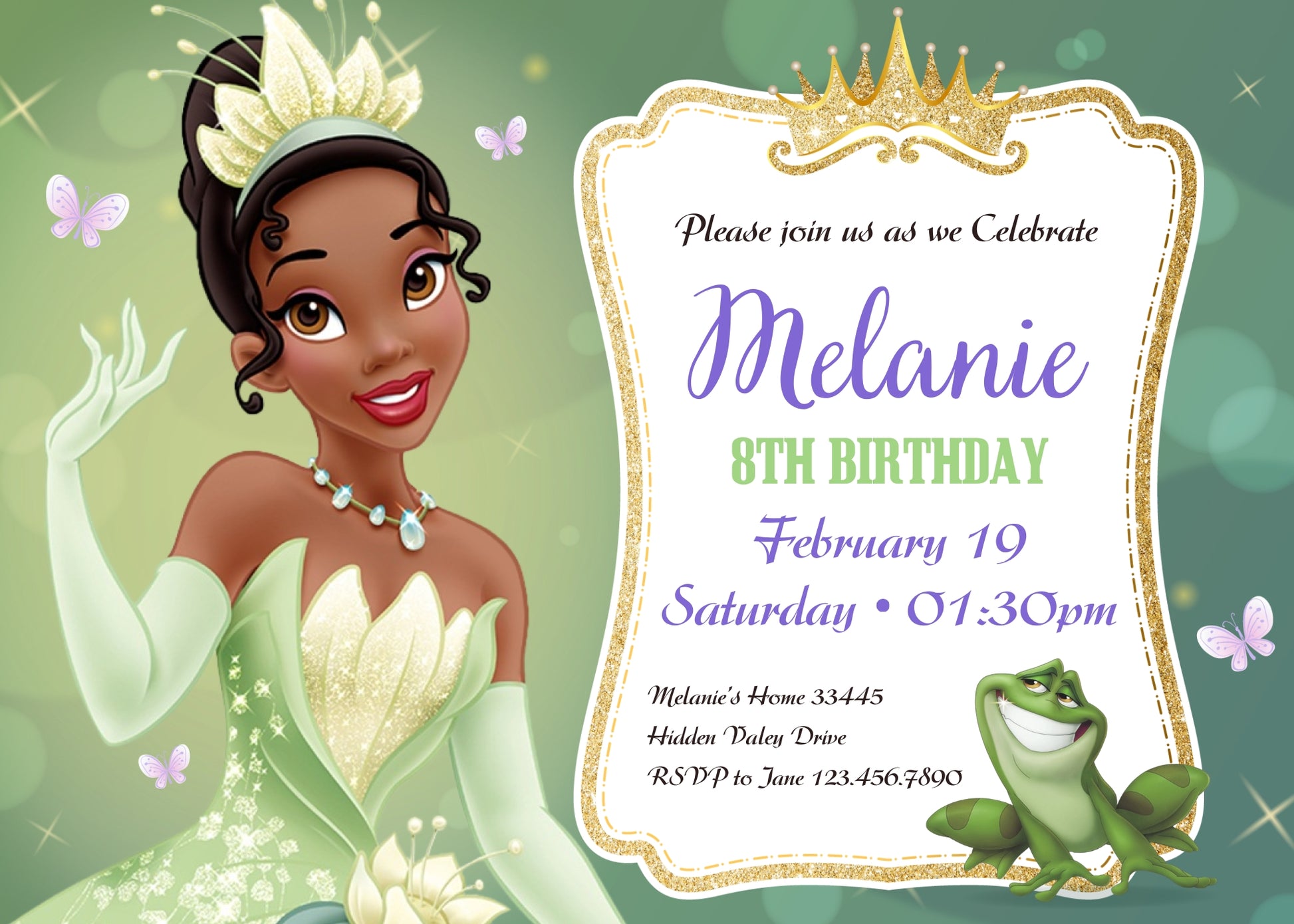 Tiana Frog Princess customizable invitation template | Share or Print | girl | DA634