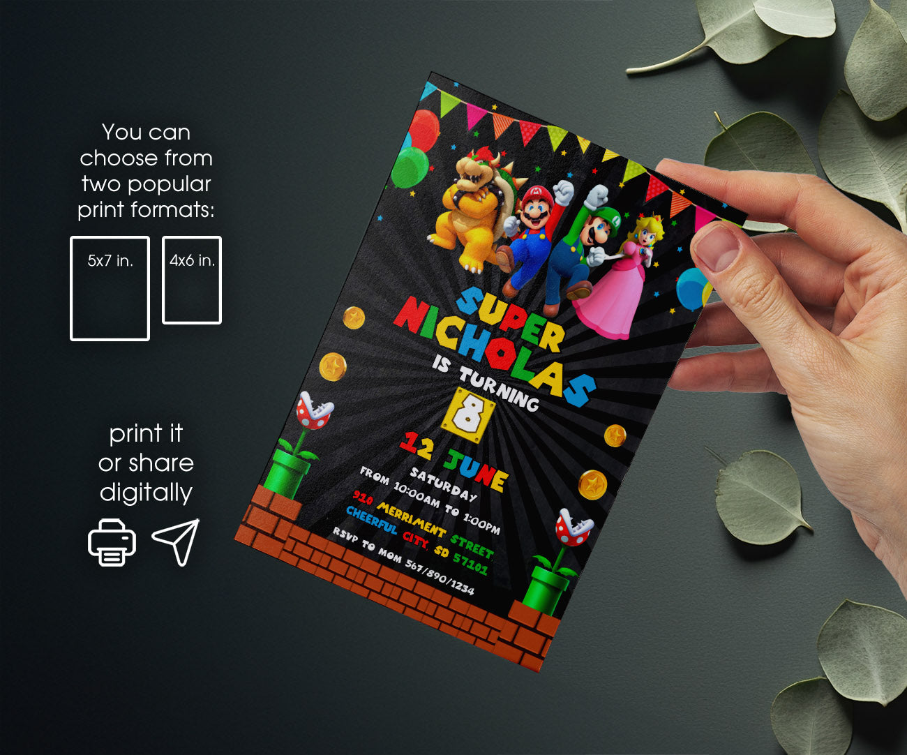 Super Mario Bros customizable invitation template | Share or Print | PG511