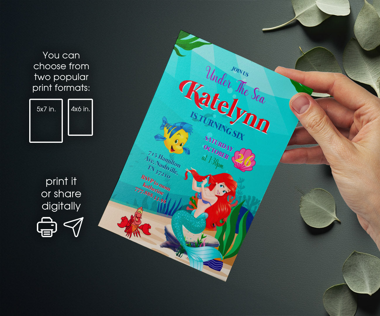 Ariel The Little Mermaid customizable invitation template | Share or Print | girl | AD235