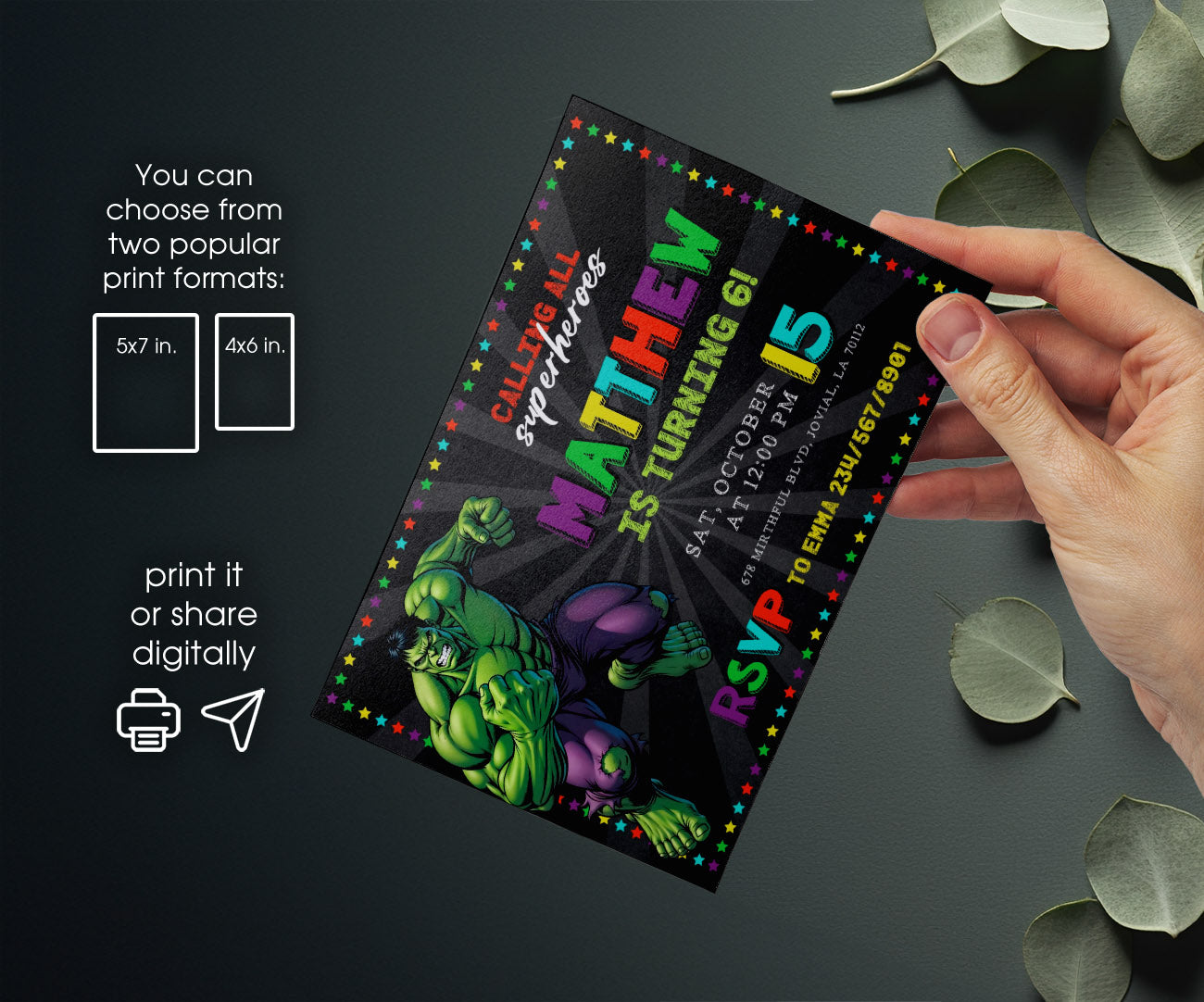 Hulk The Avengers Marvel Superhero customizable invitation template | Share or Print | boy | EH604
