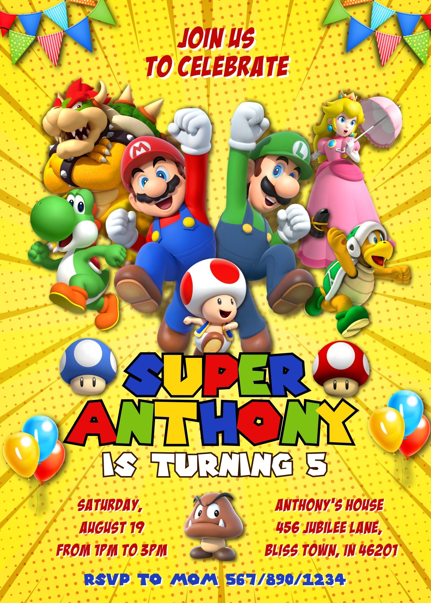 Super Mario Bros customizable invitation template | Share or Print | VA671