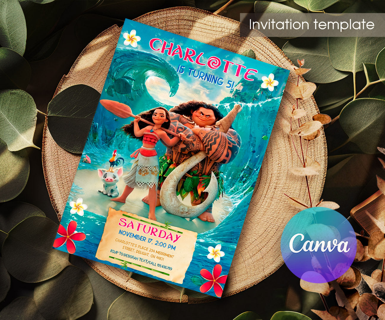 Moana Princess customizable invitation template | Share or Print | girl | CE445