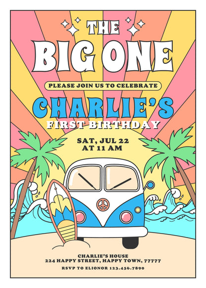 Groovy 1st Surfvan Surfing customizable invitation template | Share or Print | DM361