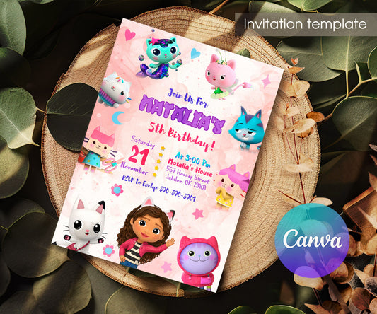Gabby's Dollhouse Kitten customizable invitation template | Share or Print | girl | DT958