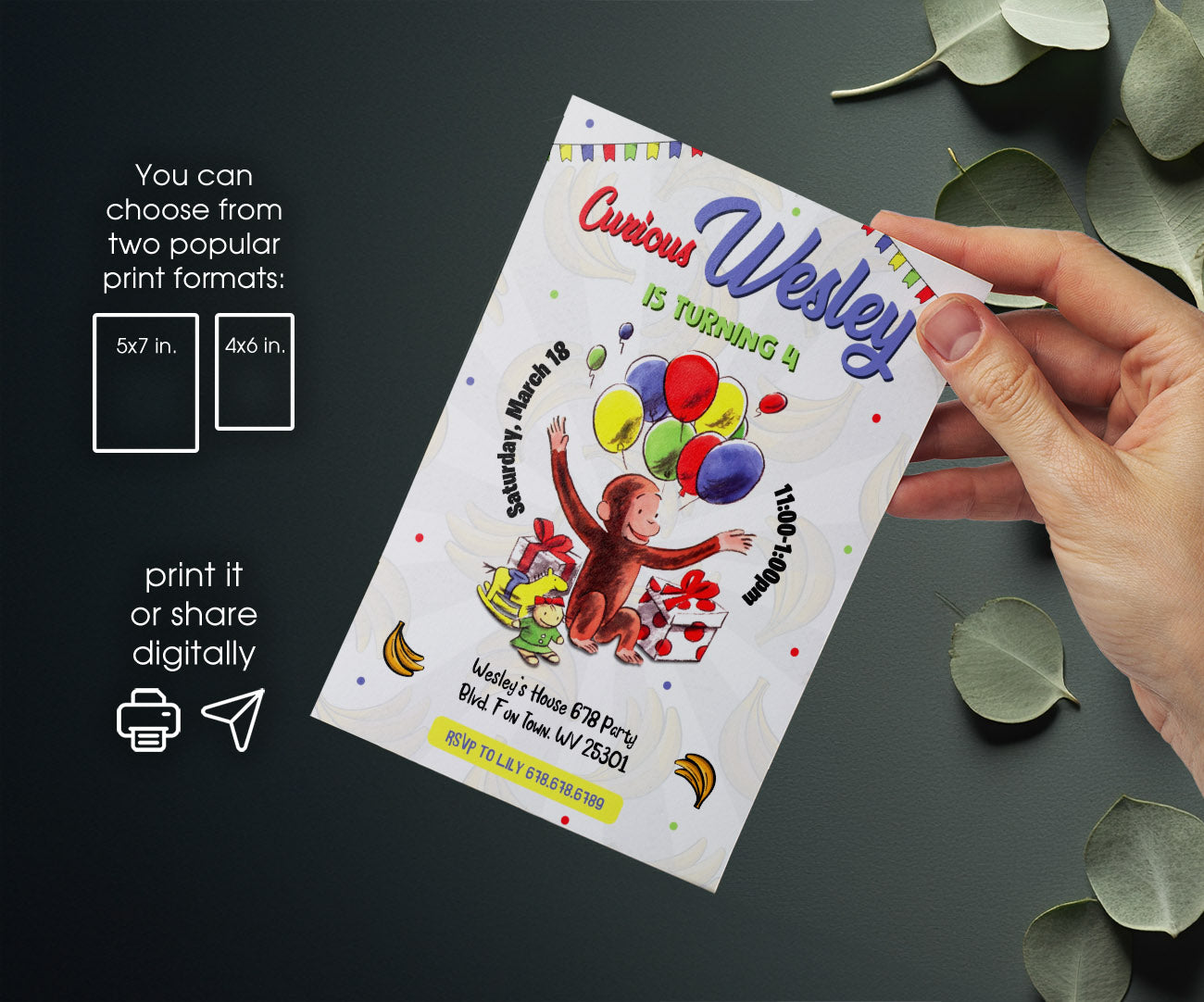 Curious George Monkey customizable invitation template | Share or Print | FN009