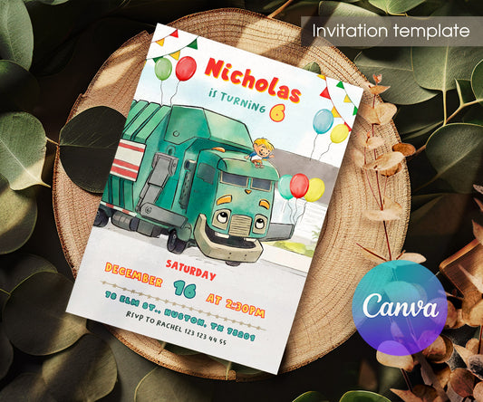 Trash Green Truck customizable invitation template | Share or Print | SQ961