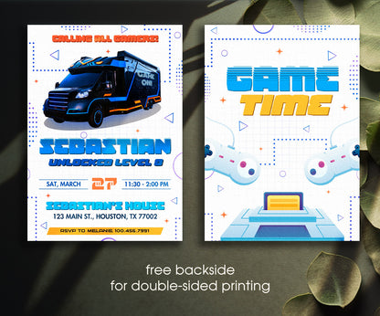 Video Game Bus Gamer customizable invitation template | Share or Print | boy | IJ347