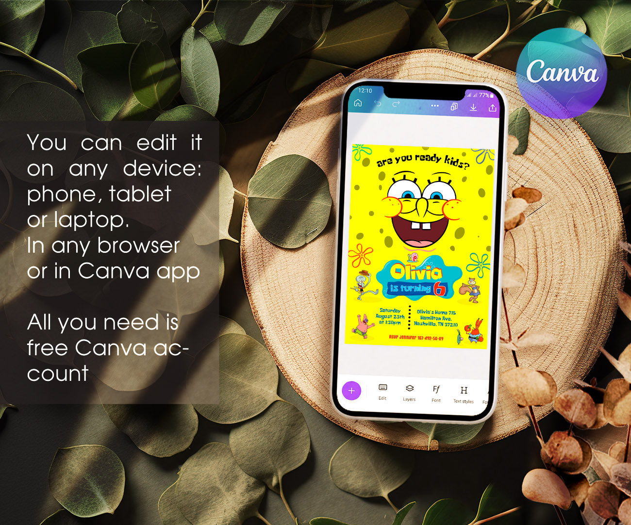 SpongeBob SquarePant customizable invitation template | Share or Print | YF820