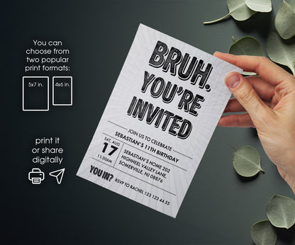Bruh Birthday customizable invitation template | Share or Print | boy | DO980