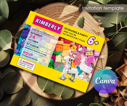 Lego Magical Unicorn customizable invitation template | Share or Print | girl | LK372