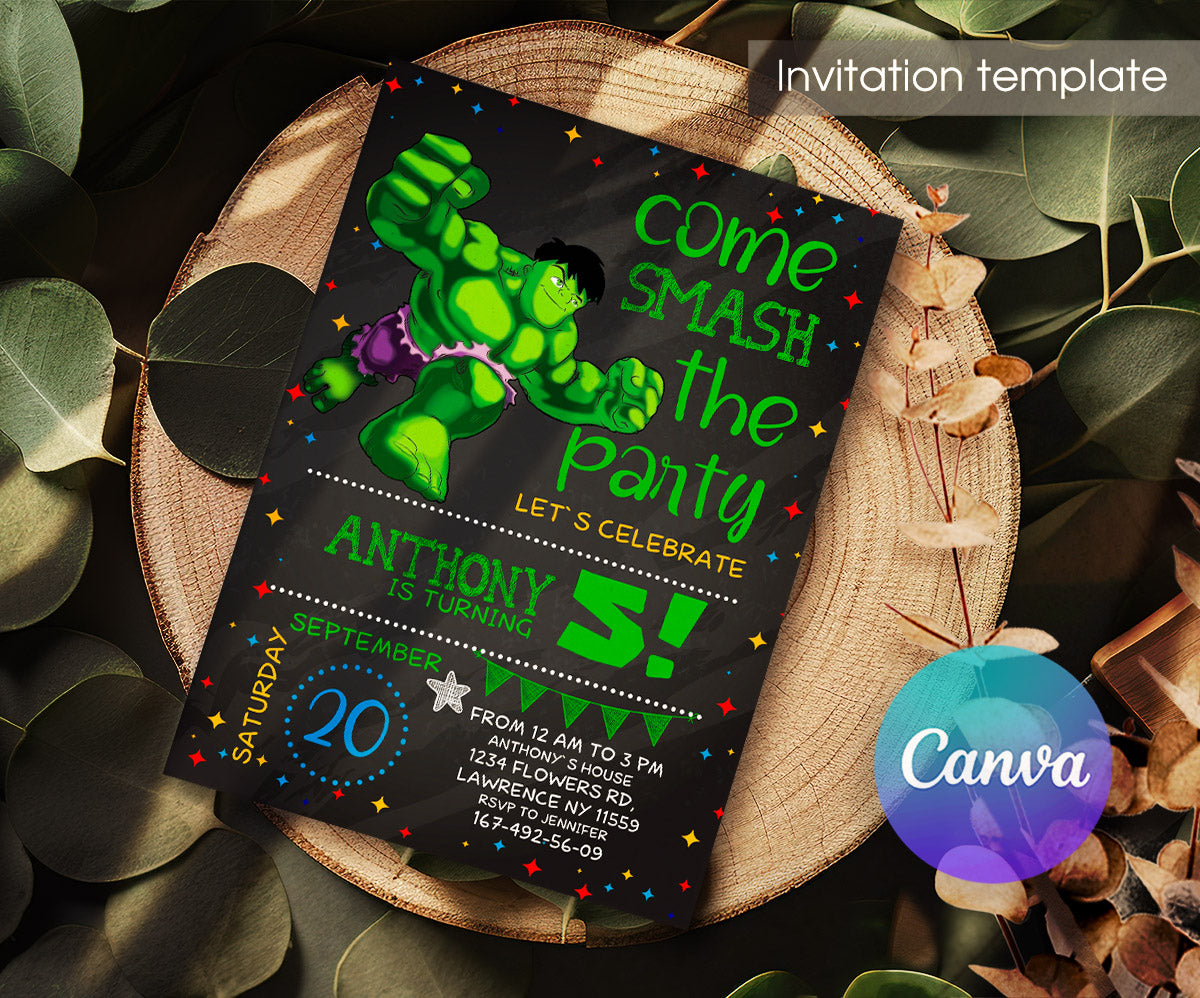 Hulk The Avengers Marvel Superhero customizable invitation template | Share or Print | boy | WP259