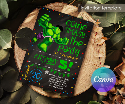 Hulk The Avengers Marvel Superhero customizable invitation template | Share or Print | boy | WP259