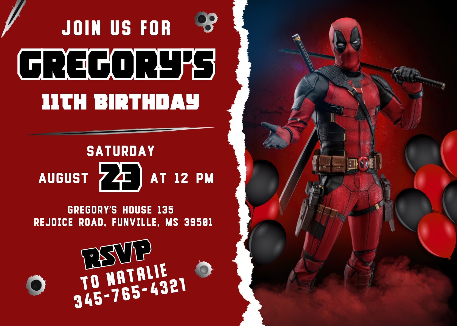 Deadpool Marvel customizable invitation template | Share or Print | boy | UY015