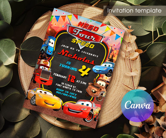 Cars Lightning Mcqueen Four customizable invitation template | Share or Print | boy | QT478