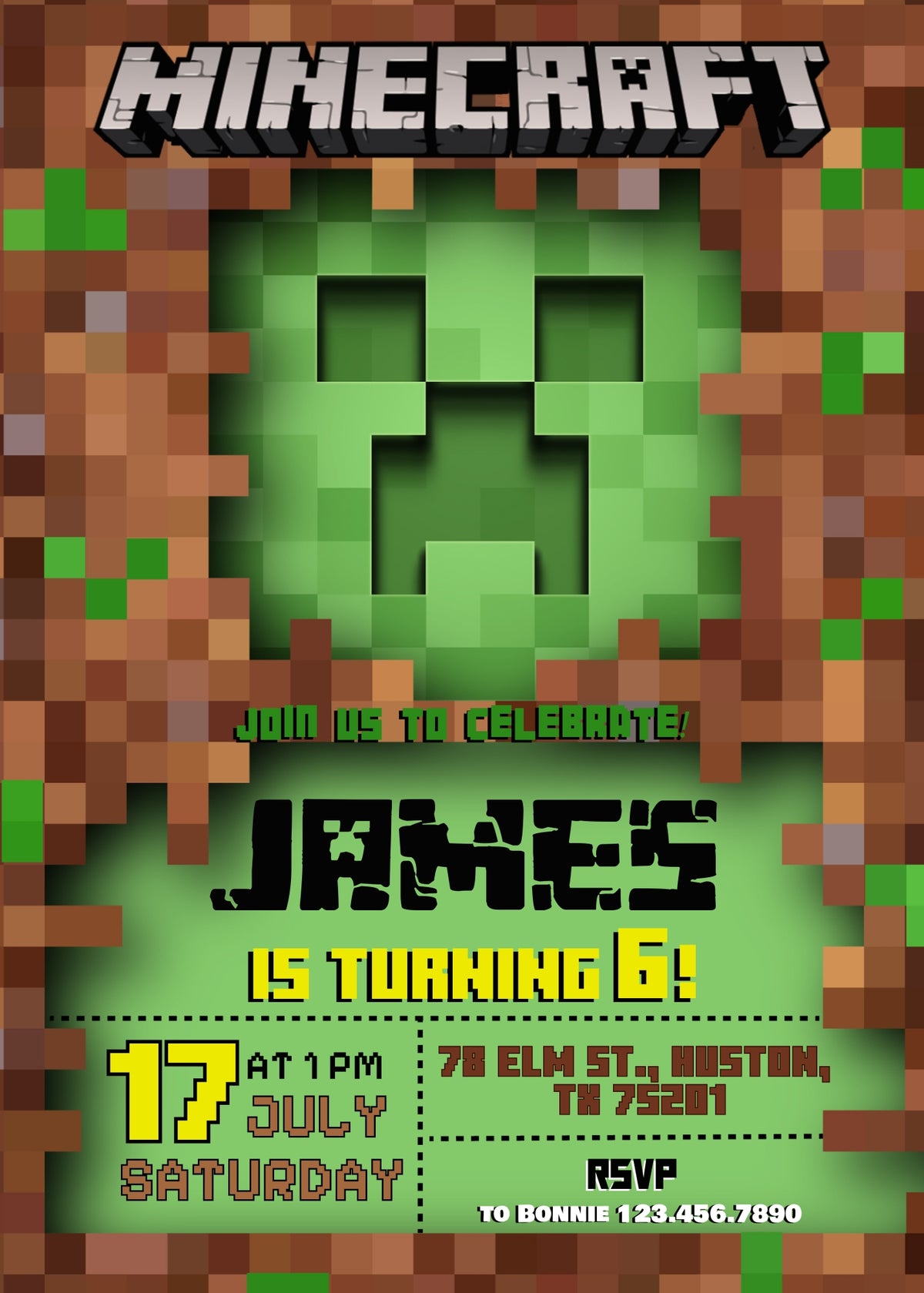 Minecraft Gamer customizable invitation template | Share or Print | VM868