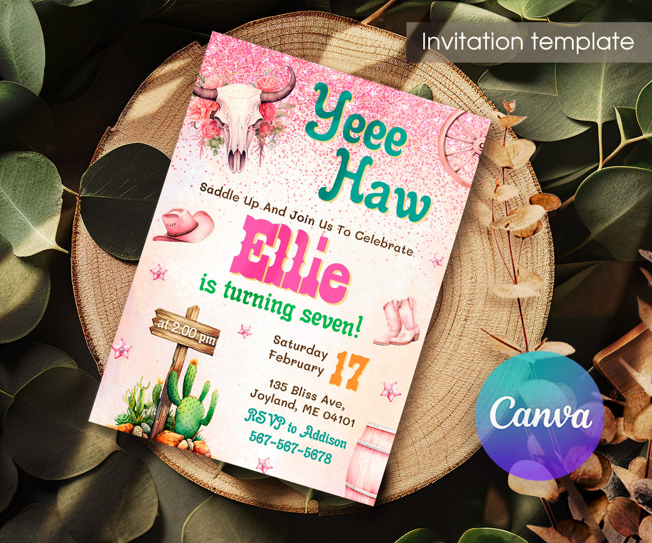 Cowgirl Pink Rodeo customizable invitation template | Share or Print | girl | VU876