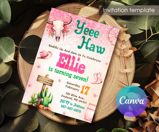 Cowgirl Pink Rodeo customizable invitation template | Share or Print | girl | VU876