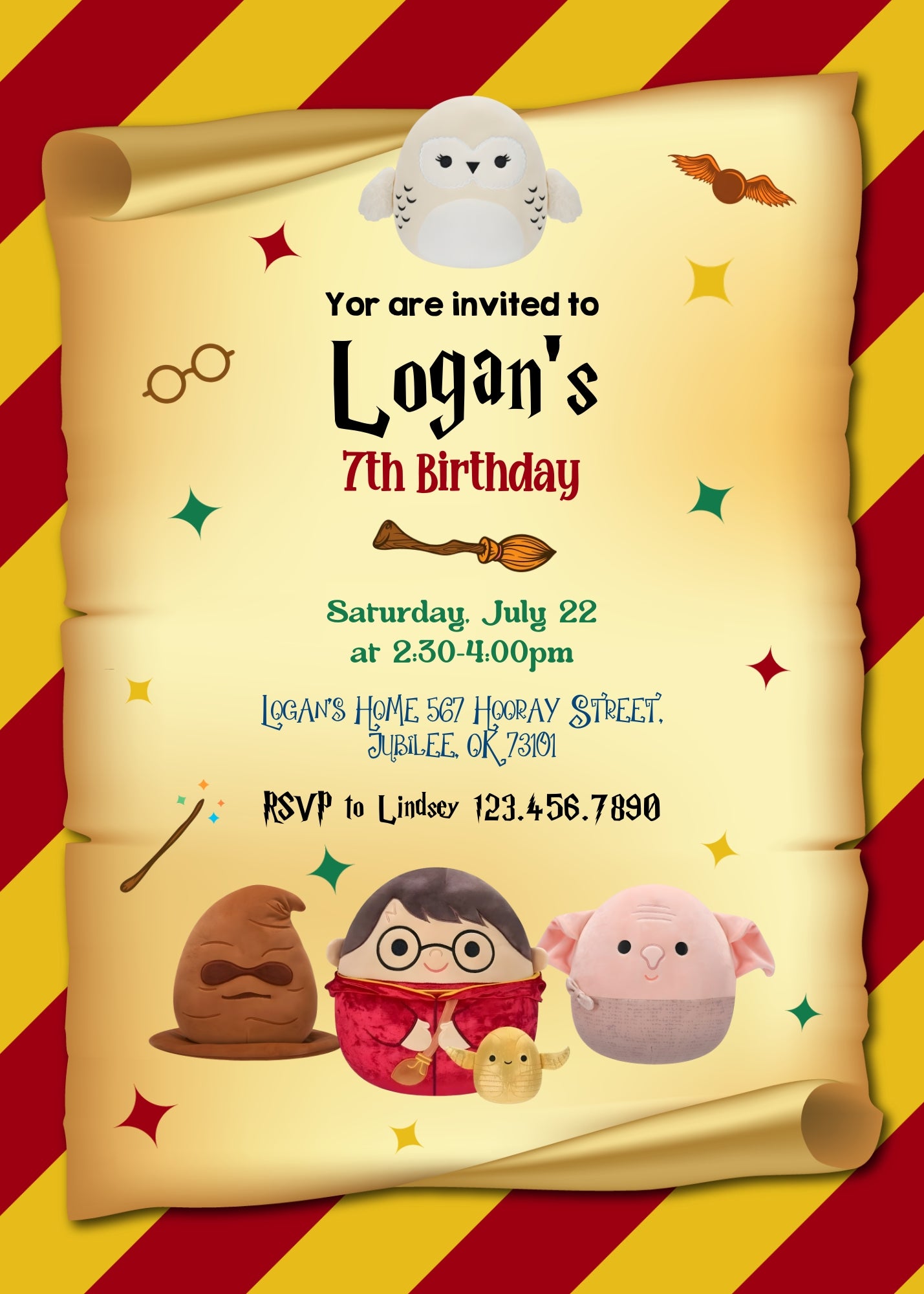 Squishmallows Harry Potter customizable invitation template | Share or Print | RO324