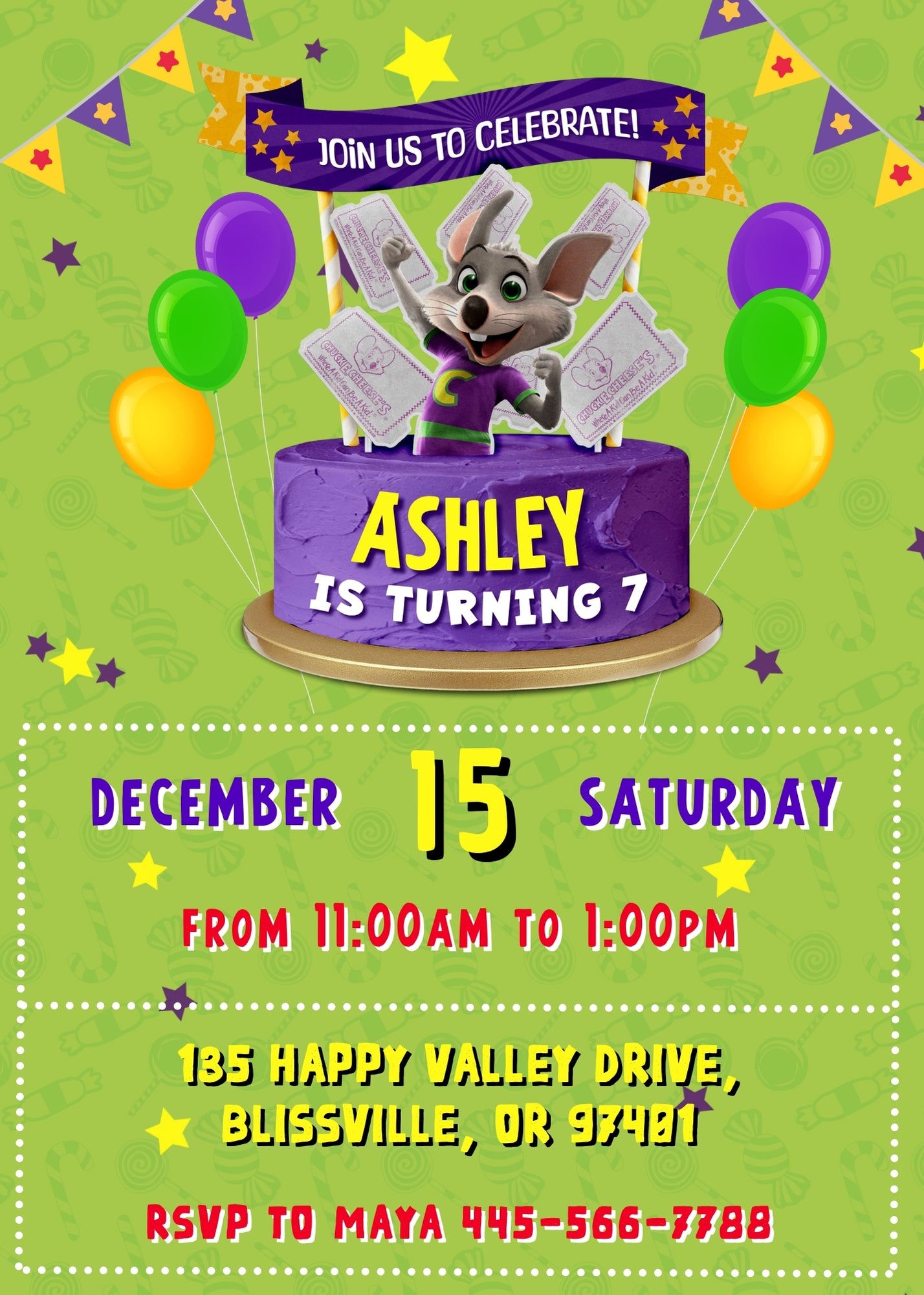 Chuck E. Cheese customizable invitation template | Share or Print | YJ841