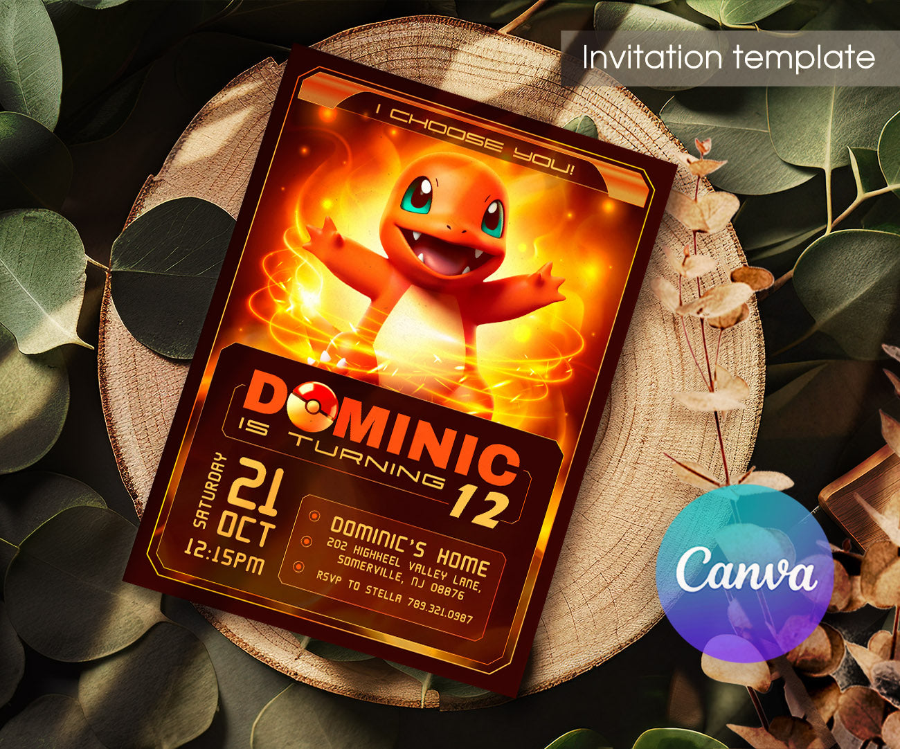 Charmander Pokemon Anime customizable invitation template | Share or Print | FA122