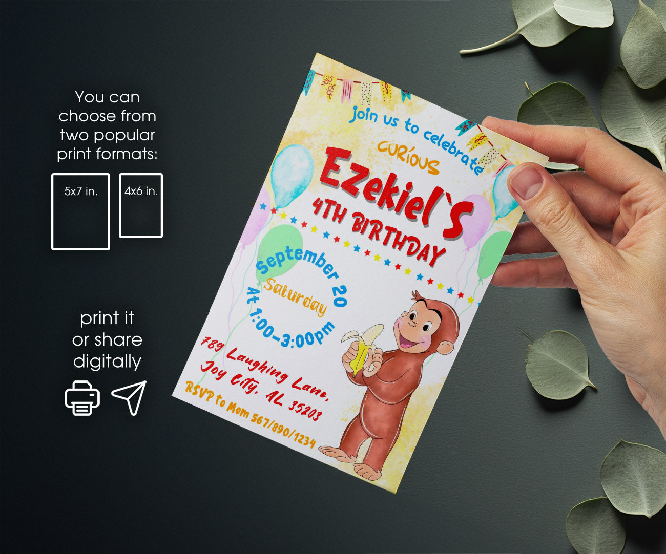 Curious George Monkey customizable invitation template | Share or Print | TH494