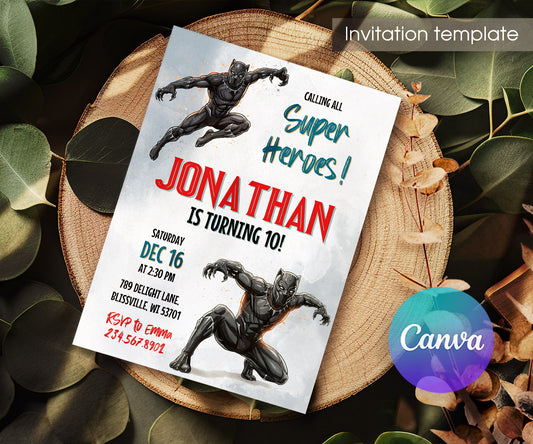 Black Panther Superhero Marvel customizable invitation template | Share or Print | boy | MW345