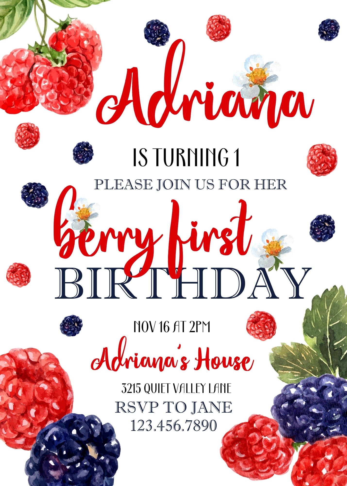 Berry First Birthday customizable invitation template | Share or Print | girl | KL922