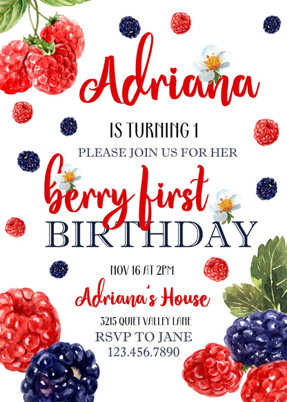 Berry First Birthday customizable invitation template | Share or Print | girl | KL922