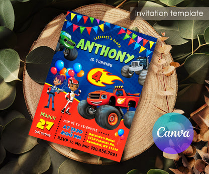 Blaze Monster Machines Trucks customizable invitation template | Share or Print | boy | AU914