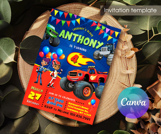 Blaze Monster Machines Trucks customizable invitation template | Share or Print | boy | AU914