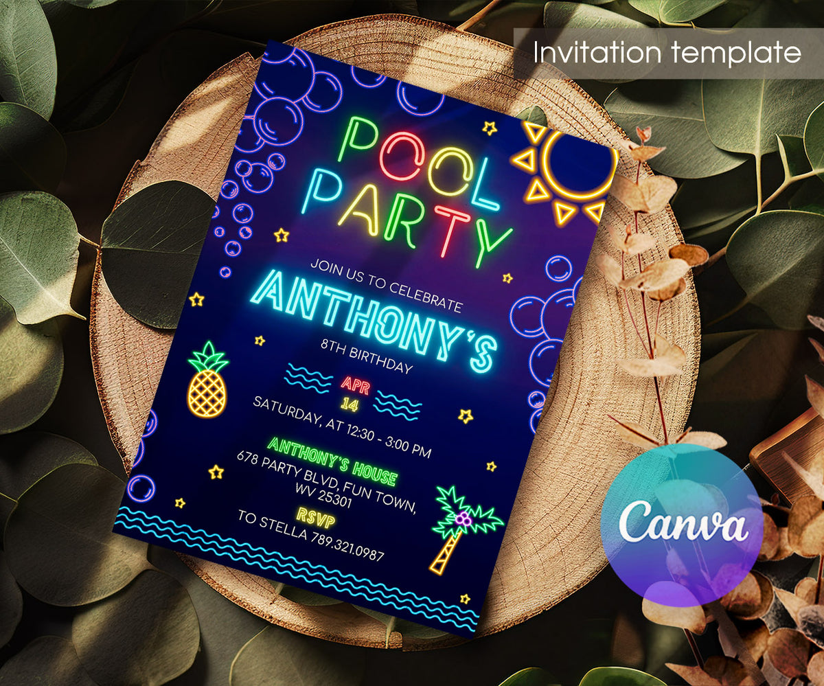 Neon Pool Party customizable invitation template | Share or Print | boy | PQ373