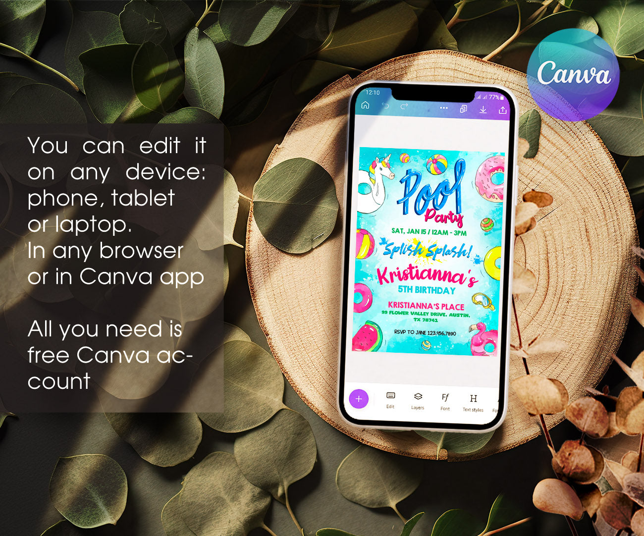 Pool Party customizable invitation template | Share or Print | girl | TG554