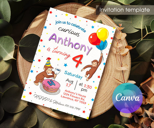 Curious George Monkey customizable invitation template | Share or Print | BV965
