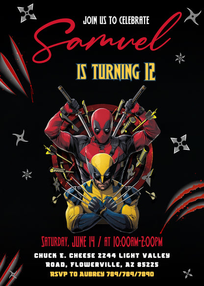 Deadpool Wolverine Marvel customizable invitation template | Share or Print | boy | GO204