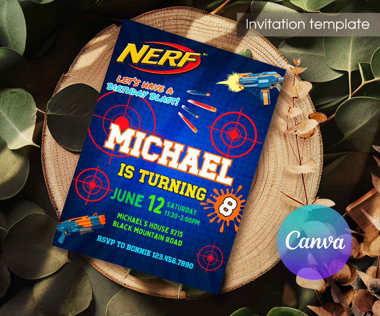 NERF Dart Wars customizable invitation template | Share or Print | boy | FW147