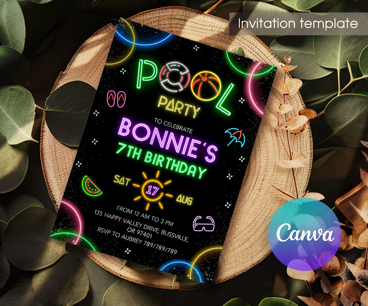 Neon Pool Party customizable invitation template | Share or Print | girl | RH762