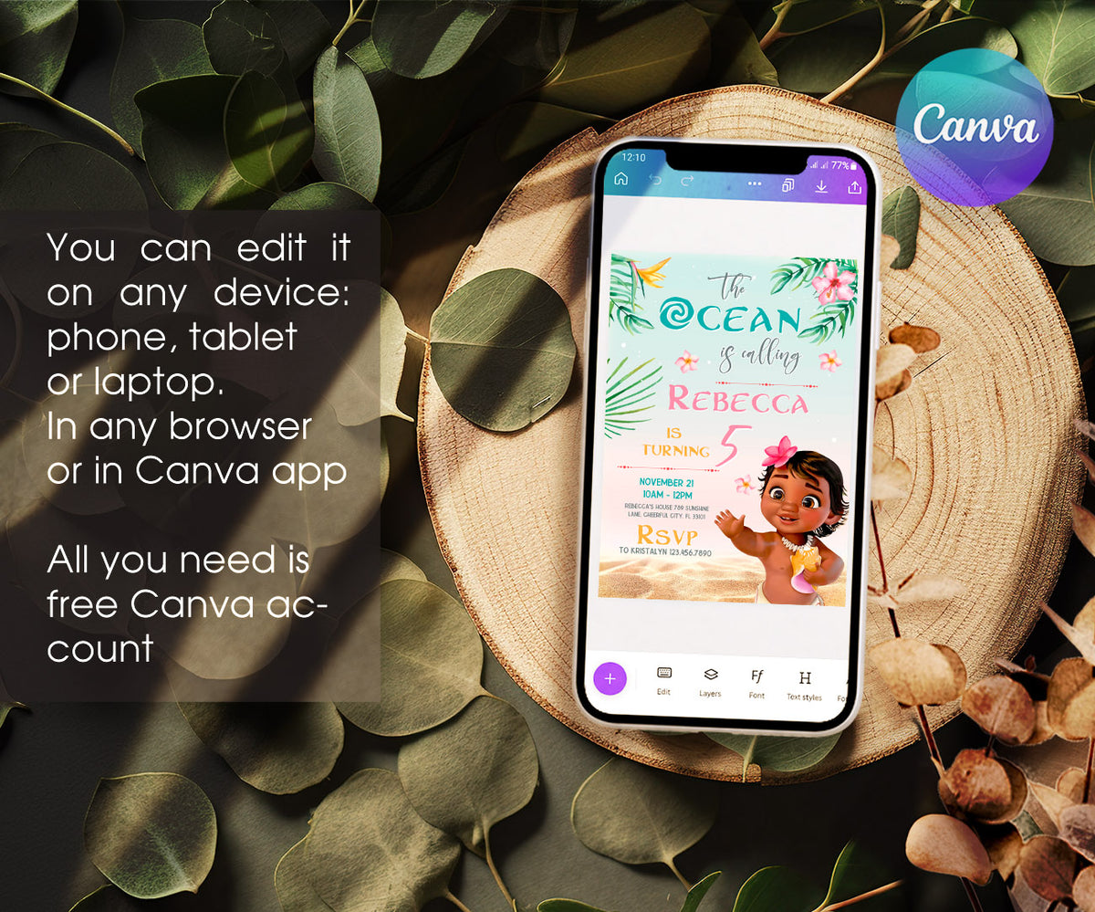 Moana Princess customizable invitation template | Share or Print | girl | XU092