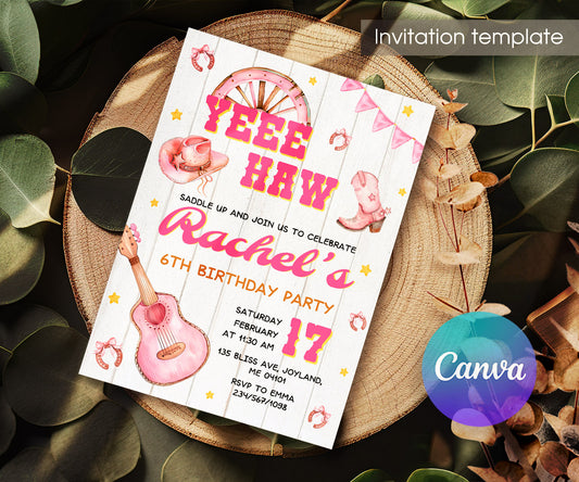 Cowgirl Pink Rodeo customizable invitation template | Share or Print | girl | QH754