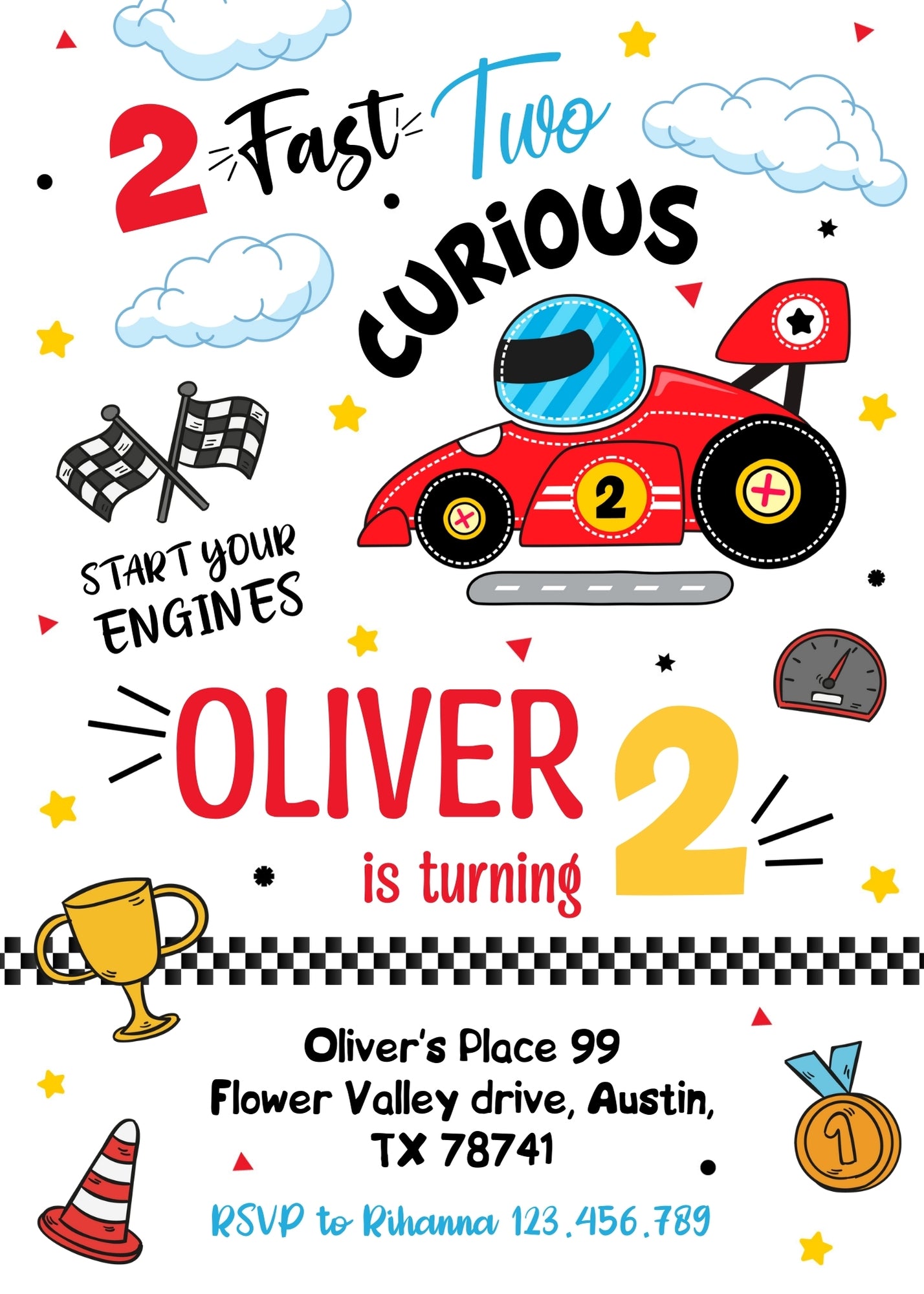 Race Car 2nd Bday Watercolor customizable invitation template | Share or Print | boy | VR352