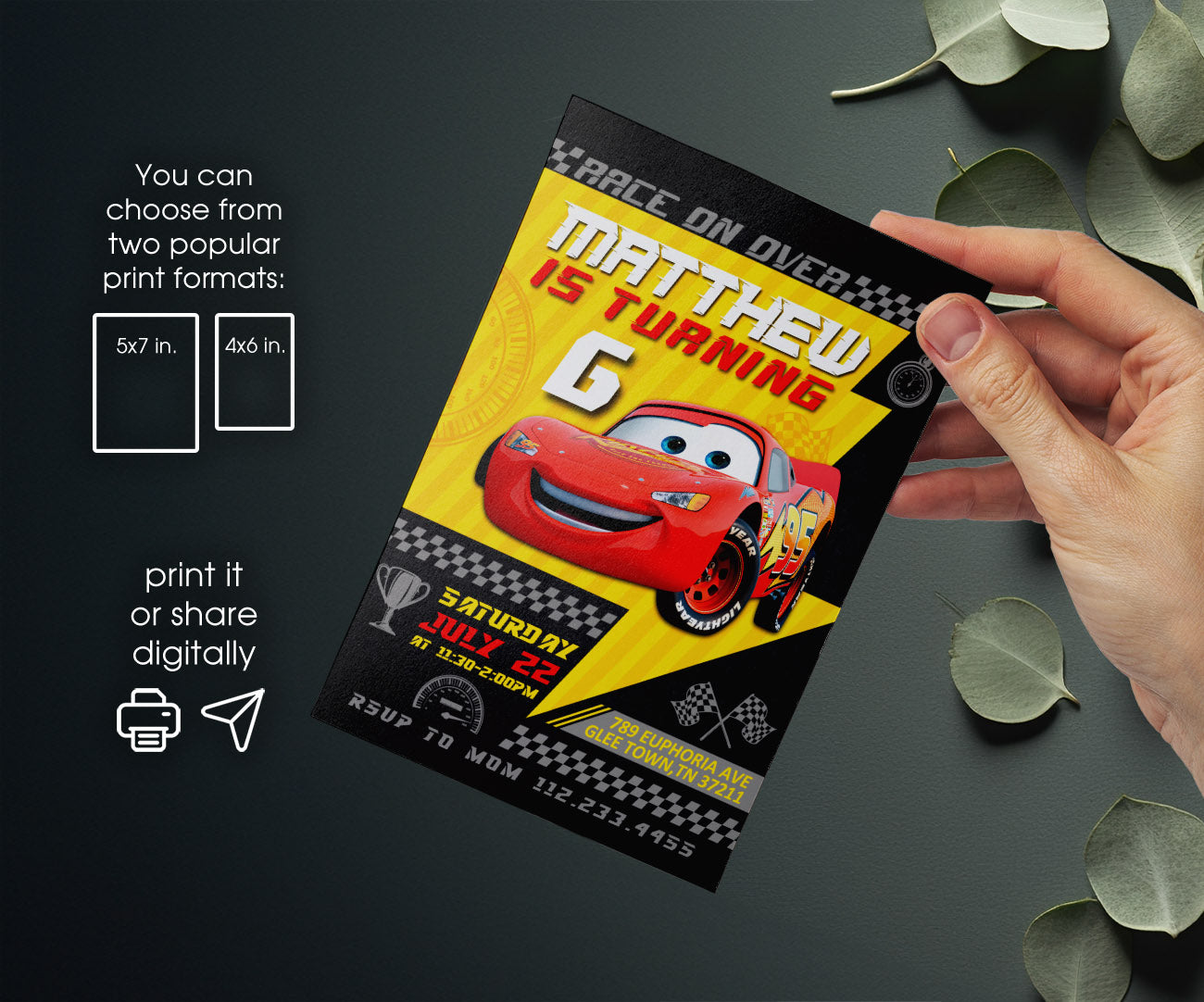 Cars Lightning McQueen customizable invitation template | Share or Print | boy | YA521