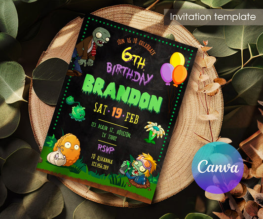 Plants vs Zombies Gamer customizable invitation template | Share or Print | VR348