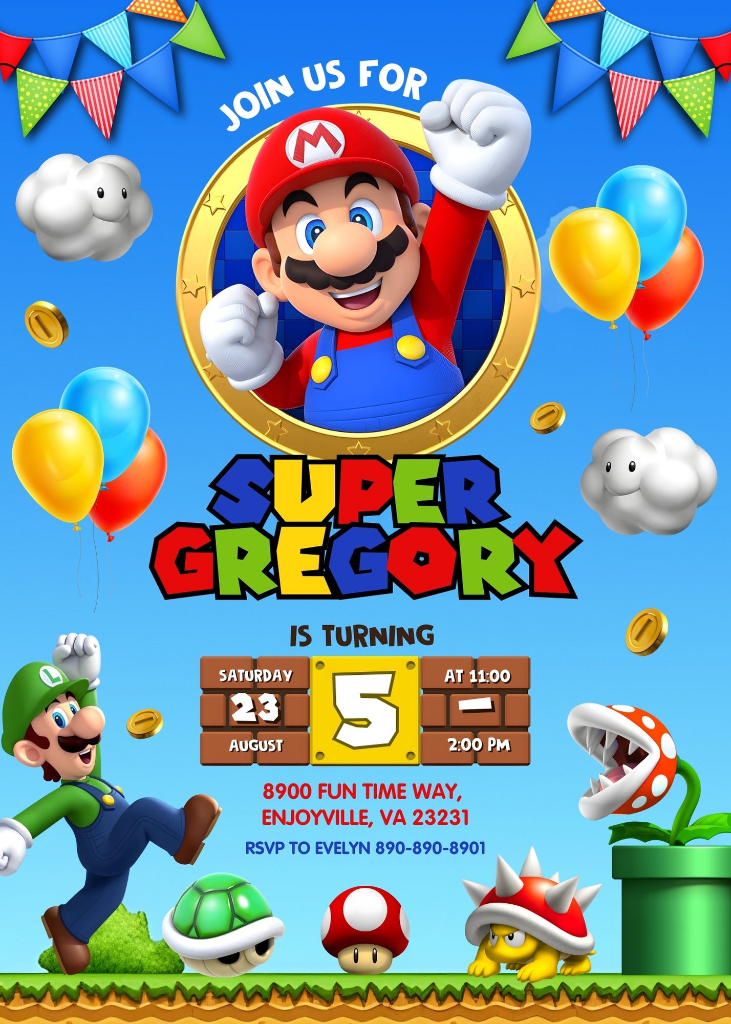Super Mario Bros customizable invitation template | Share or Print | VV416
