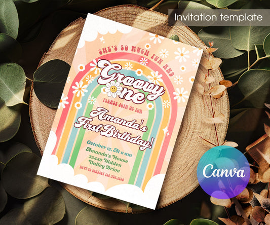Groovy One First Birthday customizable invitation template | Share or Print | DV429