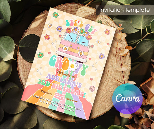 Groovy Retro Van customizable invitation template | Share or Print | IR929