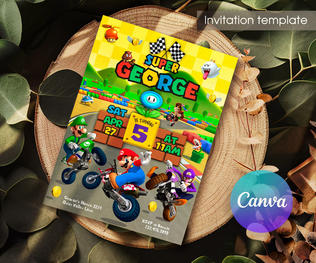 Super Mario Bros Motorcycle customizable invitation template | Share or Print | ED395