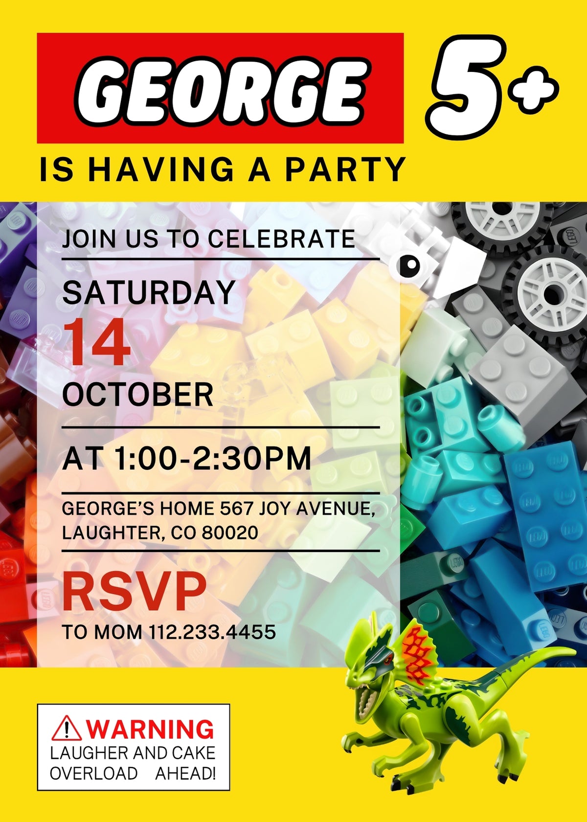 Lego Dinosaur T-Rex customizable invitation template | Share or Print | GA349