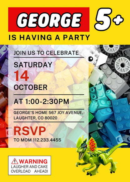 Lego Dinosaur T-Rex customizable invitation template | Share or Print | GA349