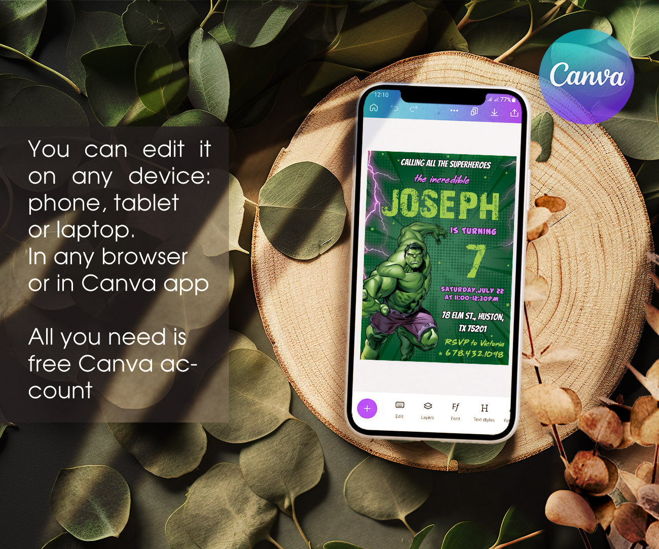 Hulk The Avengers Marvel Superhero customizable invitation template | Share or Print | boy | YR077