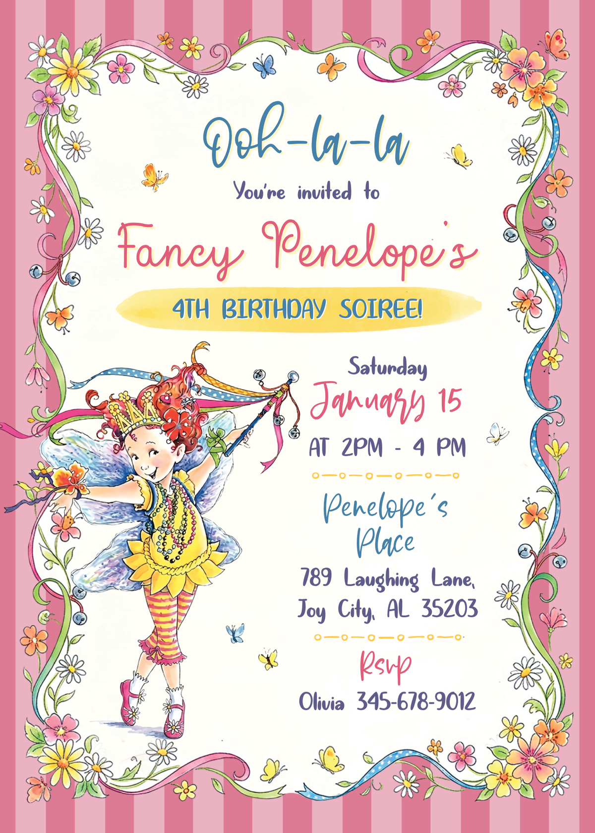 Fancy Nancy Birthday Invitation 01 | Editable Canva Template design preview with sample wording