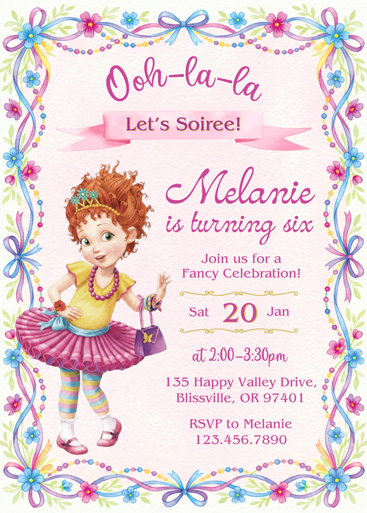 Fancy Nancy Birthday Invitation 03 | Editable Canva Template